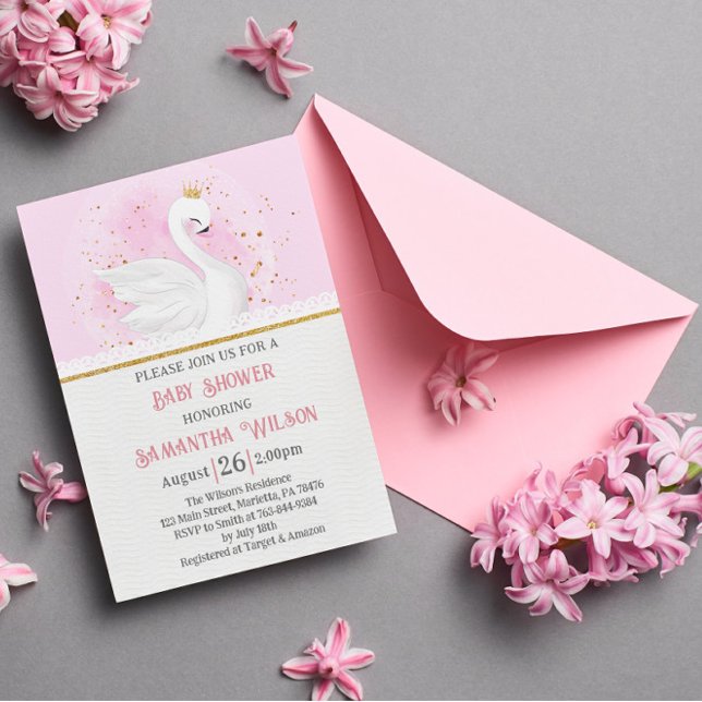 Pink and Gold Confetti Swan Princess Baby Shower Invitation (Creator Uploaded)