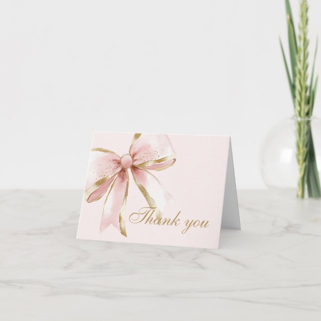 Pink and Gold Coquette Bow Sweet Sixteen Thank You Card (Front)