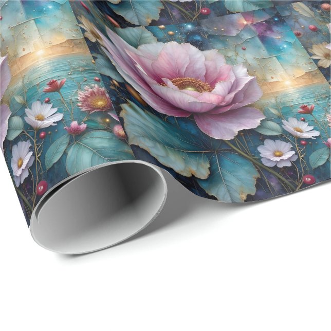 Pink and gold Cosmos Teal Leaves Wrapping Paper (Roll Corner)