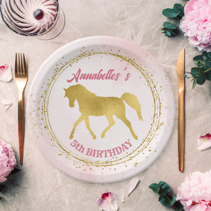 Pink and gold cowgirl horses birthday party paper plate
