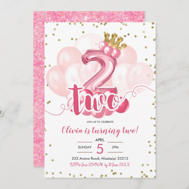 Pink and Gold  Crown Balloon Second Birthday Invitation (Front/Back)