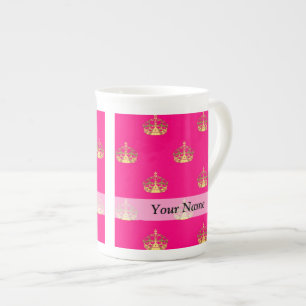 Pink and gold crown pattern bone china mug
