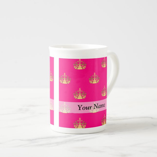 Pink and gold crown pattern bone china mug (Front Right)