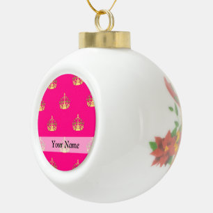 Pink and gold crown pattern ceramic ball christmas ornament