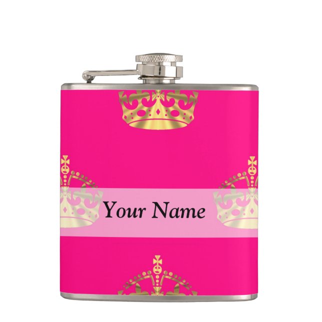 Pink and gold crown pattern hip flask (Front)