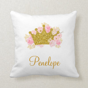 Pink And Gold Crown Pillow, Princess Name Cushion