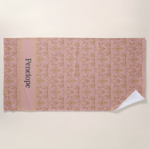Pink and Gold Damask Beach Towel