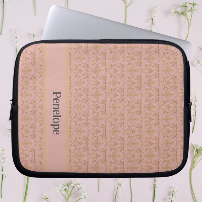 Pink and Gold Damask Personalized  Laptop Sleeve (Elegant pink and gold personalized laptop sleeve)