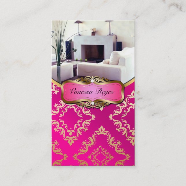 Pink and Gold Damask Photo Business Card (Front)