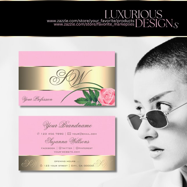Pink and Gold Decor Cute Rose Flower with Monogram Business Card (Creator Uploaded)