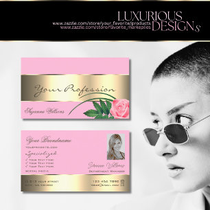 Pink and Gold Decor Cute Rose Flower with Photo Business Card