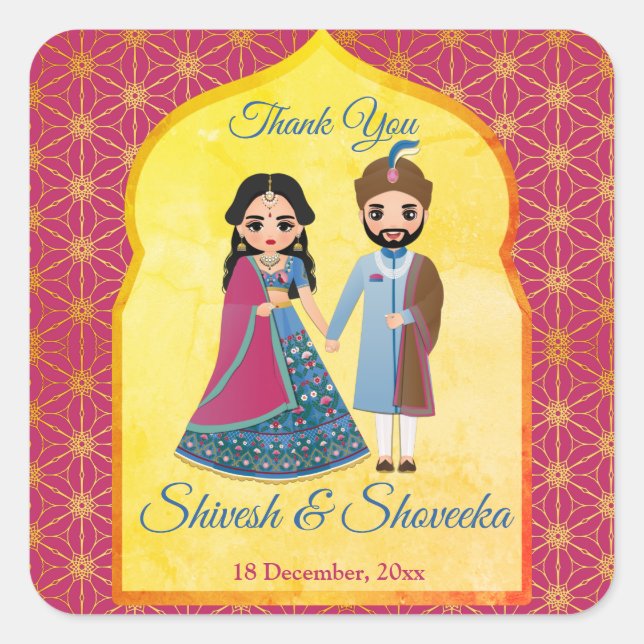 Pink and gold design border Indian wedding  favour Square Sticker (Front)