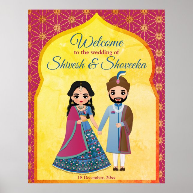Pink and gold design border indian wedding welcome poster (Front)