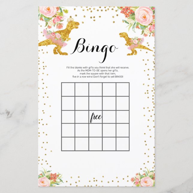 Pink and Gold Dino Watercolor Bingo Game (Front)