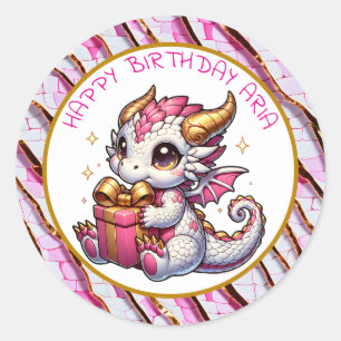 Pink and Gold Dragon Girl's Personalised Birthday  Classic Round Sticker
