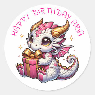 Pink and Gold Dragon Girl's Personalized Birthday  Classic Round Sticker