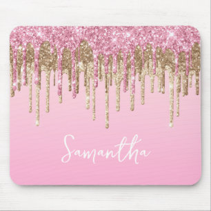 Pink and Gold Dripping Glitter Glam Name Mouse Pad
