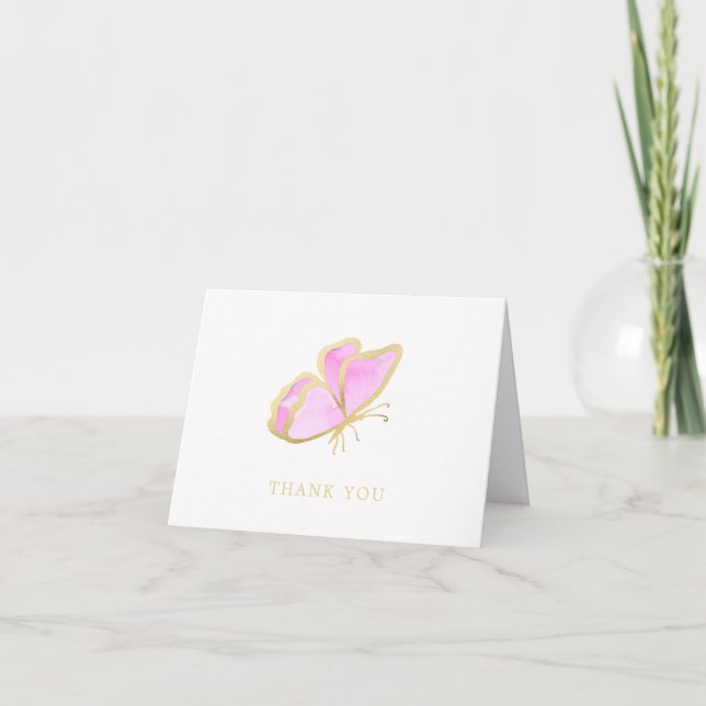 Pink and Gold Elegant Butterfly Thank You Card (Front)