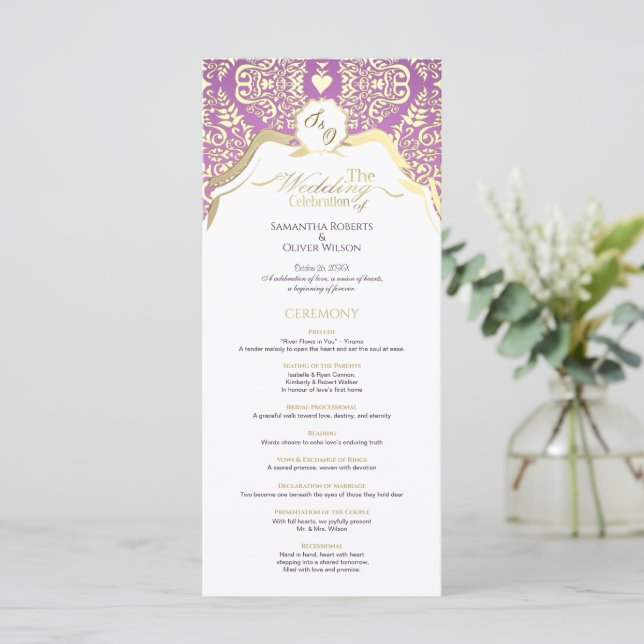 Pink and gold elegant ornate wedding program  (Standing Front)