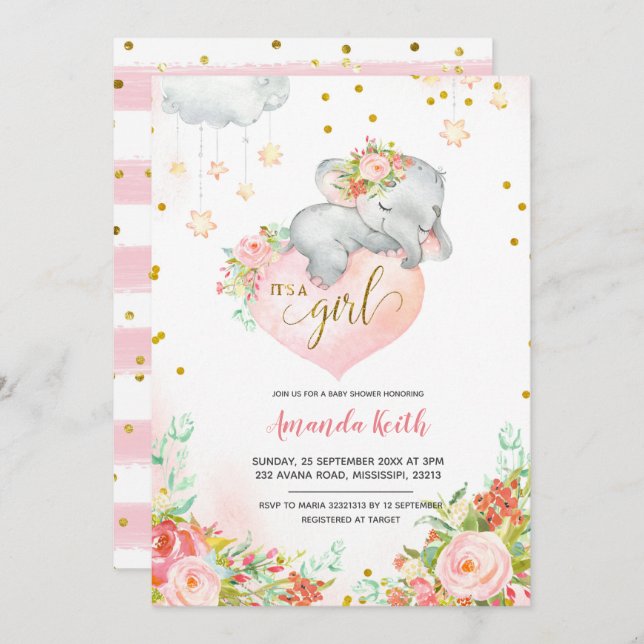 Pink and Gold Elephant Baby Shower Invitation (Front/Back)