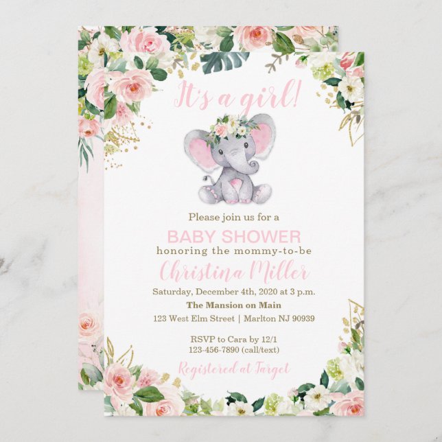 Pink and Gold Elephant Baby Shower Invitation Girl (Front/Back)