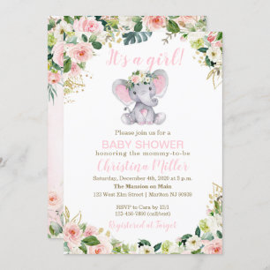Pink and Gold Elephant Baby Shower Invitation Girl