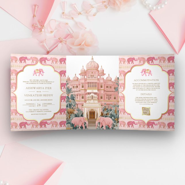 Pink and Gold Elephant Indian Palace Photo Wedding Tri-Fold Invitation (Creator Uploaded)