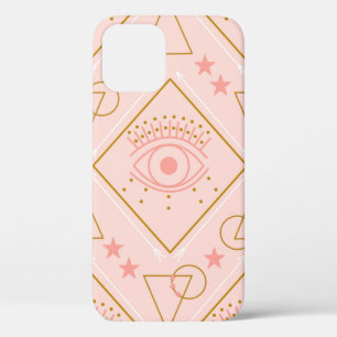 Pink and gold eyes and geometric elements in a sea iPhone 12 case