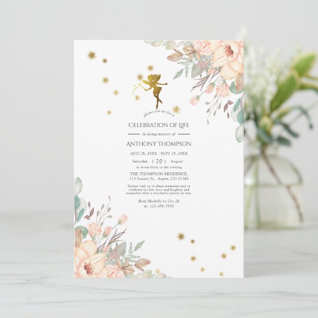 Pink and Gold Fairy themed Celebration of Life Invitation (Standing Front)