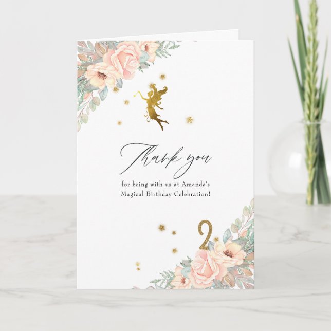 Pink and Gold Fairy themed Girl 2nd Birthday Party Thank You Card (Front)