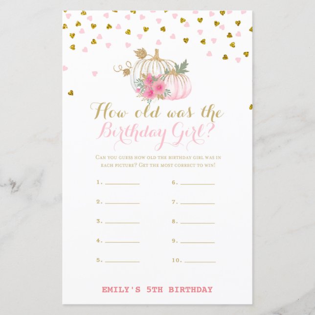 Pink and Gold Fall Birthday Game, Pumpkin (Front)