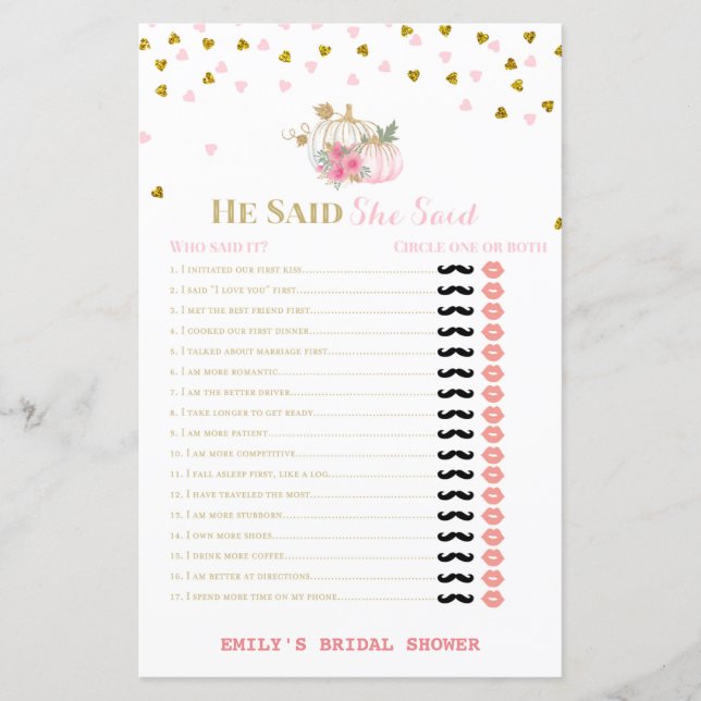 Pink and Gold Fall Bridal Shower Game, Pumpkin (Front)