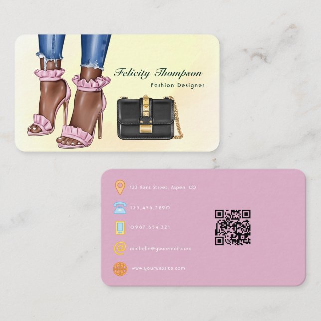 Pink and Gold Fashion Designer QR Code Business Ca Business Card (Front/Back)