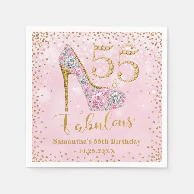 Pink and Gold Fifty Five & Fabulous 55th Birthday Napkin (Front)