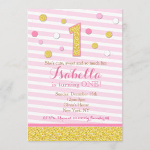 Pink and Gold First 1st Birthday Party Invitations
