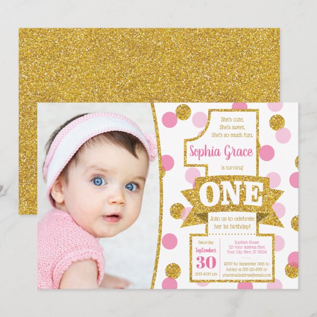 Pink and Gold First Birthday Invitation | Confetti (Front/Back)
