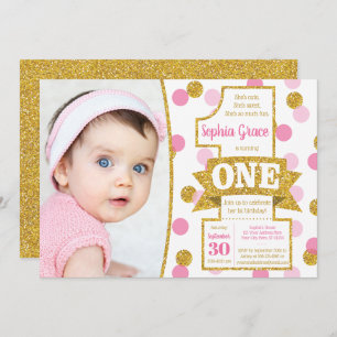Pink and Gold First Birthday Invitation   Confetti