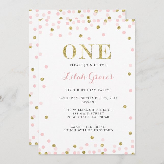 Pink and Gold First Birthday Invitations (Front/Back)