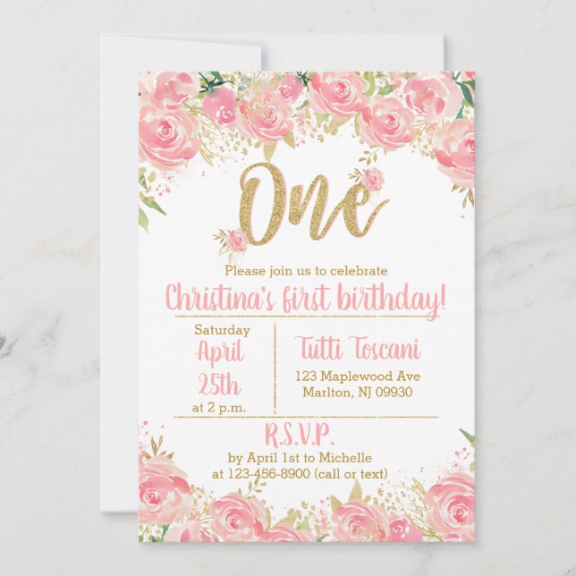 Pink and Gold First Birthday Invitations (Front)
