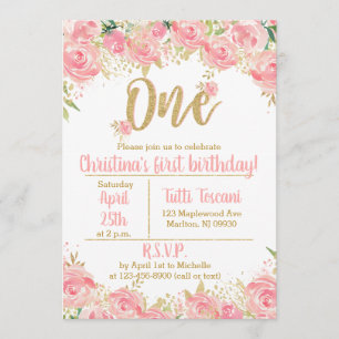 Pink and Gold First Birthday Invitations