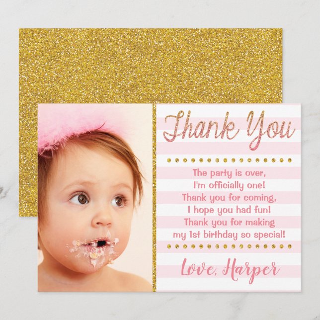 Pink and Gold First Birthday Thank You Card (Front/Back)