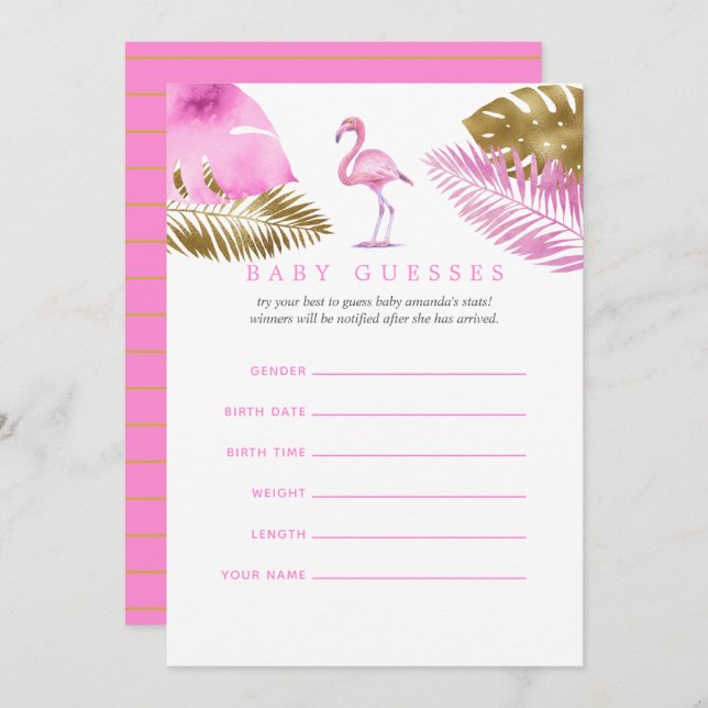 Pink and Gold Flamingo Baby Shower Baby Guesses Invitation (Front/Back)