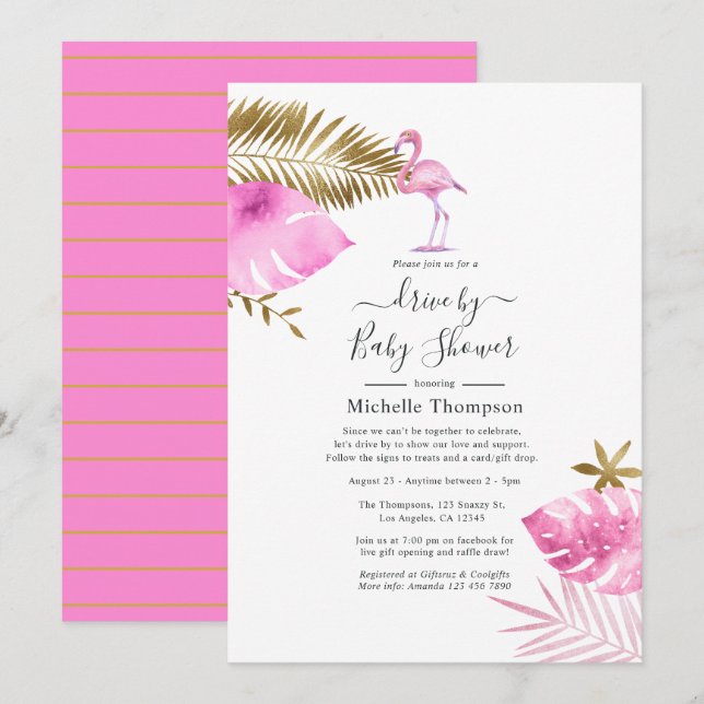 Pink and Gold Flamingo Drive By Shower Invitation (Front/Back)