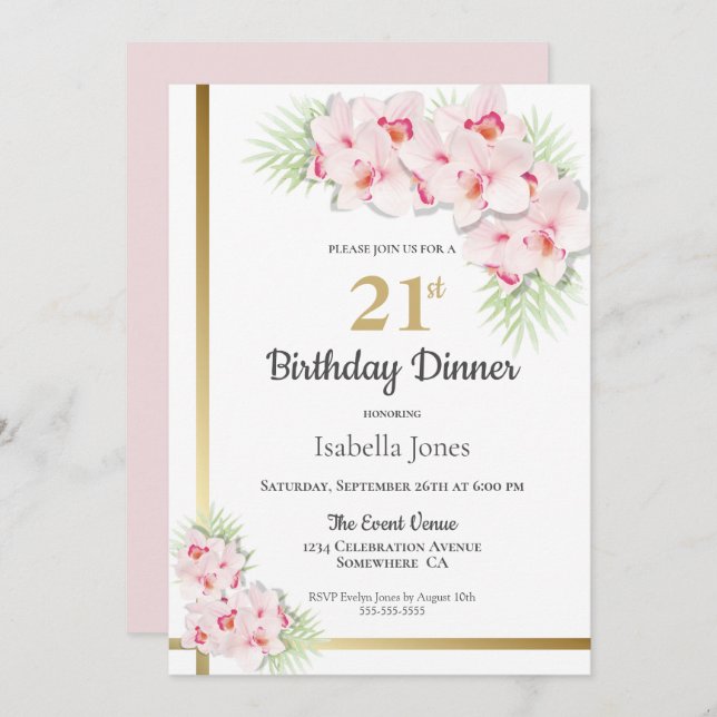 Pink and Gold Floral 21st Birthday Dinner Party Invitation (Front/Back)