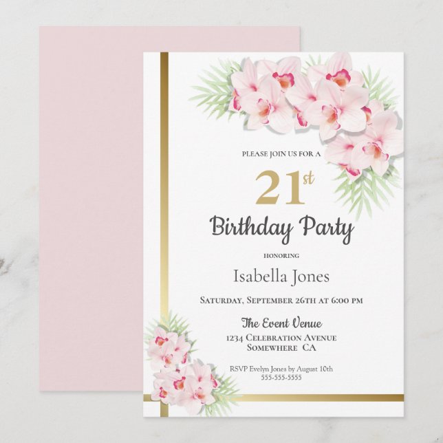 Pink and Gold Floral 21st Birthday Party Invitation (Front/Back)