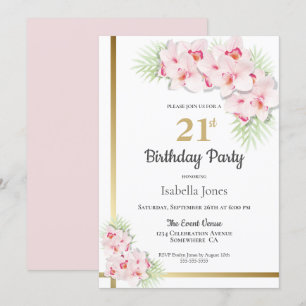 Pink and Gold Floral 21st Birthday Party Invitation