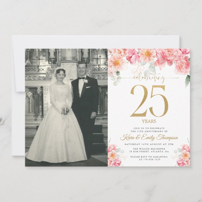 Pink and Gold Floral 25th Anniversary  Invitation (Front)