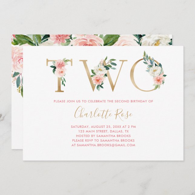 Pink And Gold Floral 2nd Birthday Party Invitation (Front/Back)