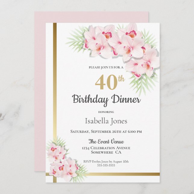 Pink and Gold Floral 40th Birthday Dinner Party Invitation (Front/Back)