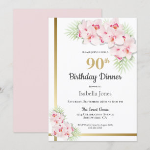 Pink and Gold Floral 90th Birthday Dinner Party Invitation